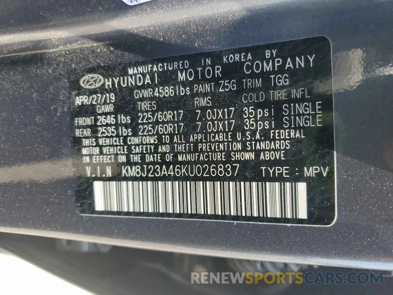 13 fotografías del automóvil dañado KM8J23A46KU026837 HYUNDAI TUCSON 2019