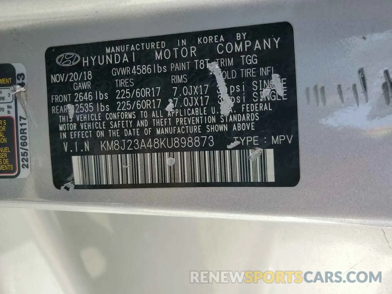 12 fotografías del automóvil dañado KM8J23A48KU898873 HYUNDAI TUCSON 2019