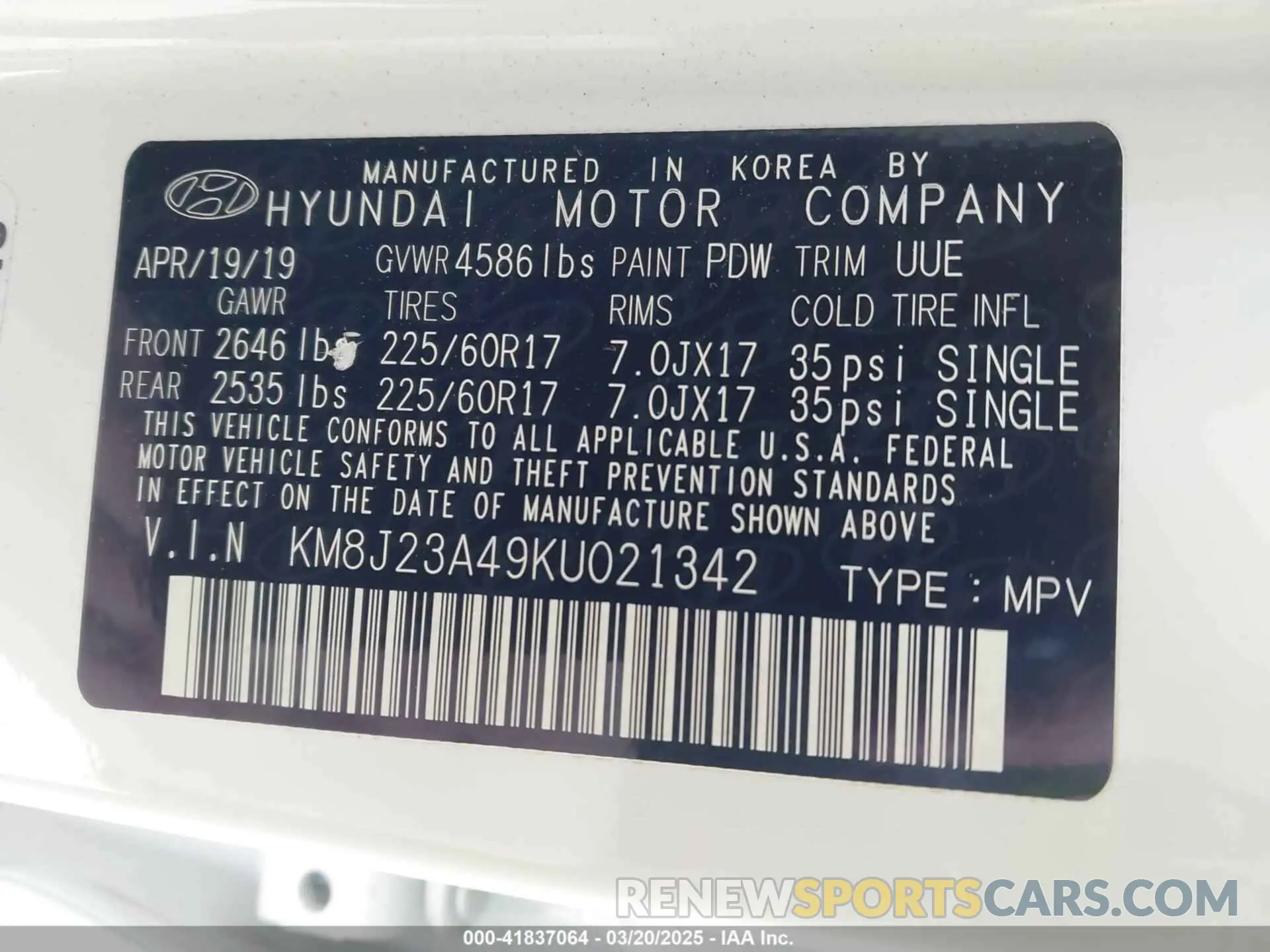9 fotografías del automóvil dañado KM8J23A49KU021342 HYUNDAI TUCSON 2019