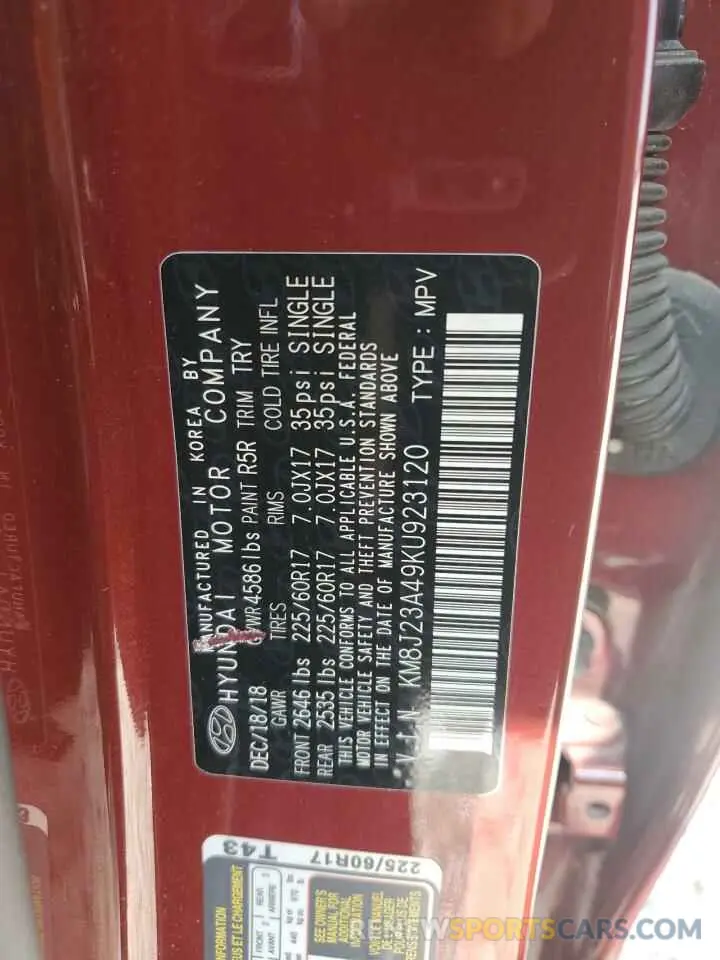 13 fotografías del automóvil dañado KM8J23A49KU923120 HYUNDAI TUCSON 2019
