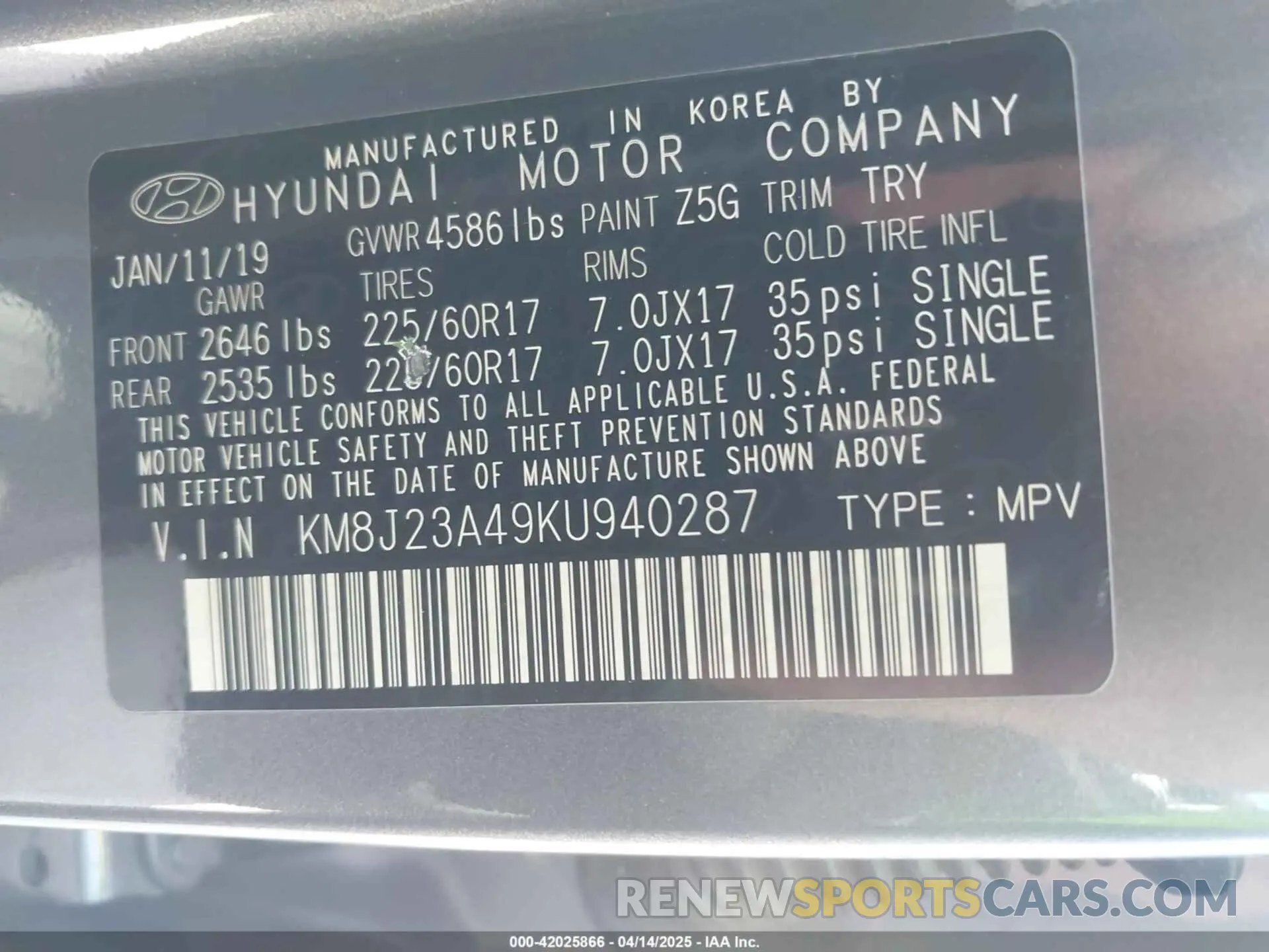 9 fotografías del automóvil dañado KM8J23A49KU940287 HYUNDAI TUCSON 2019