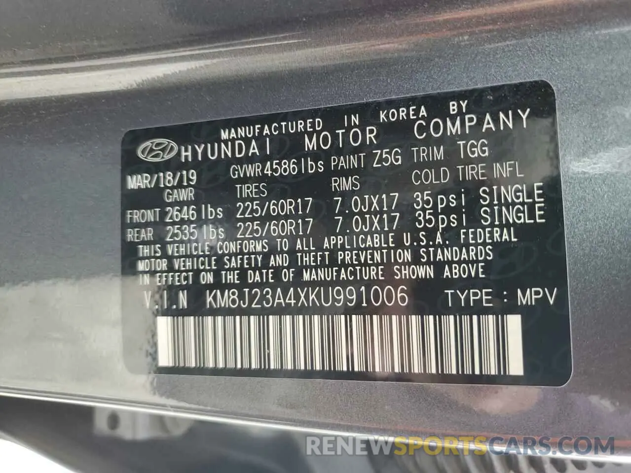 13 fotografías del automóvil dañado KM8J23A4XKU991006 HYUNDAI TUCSON 2019