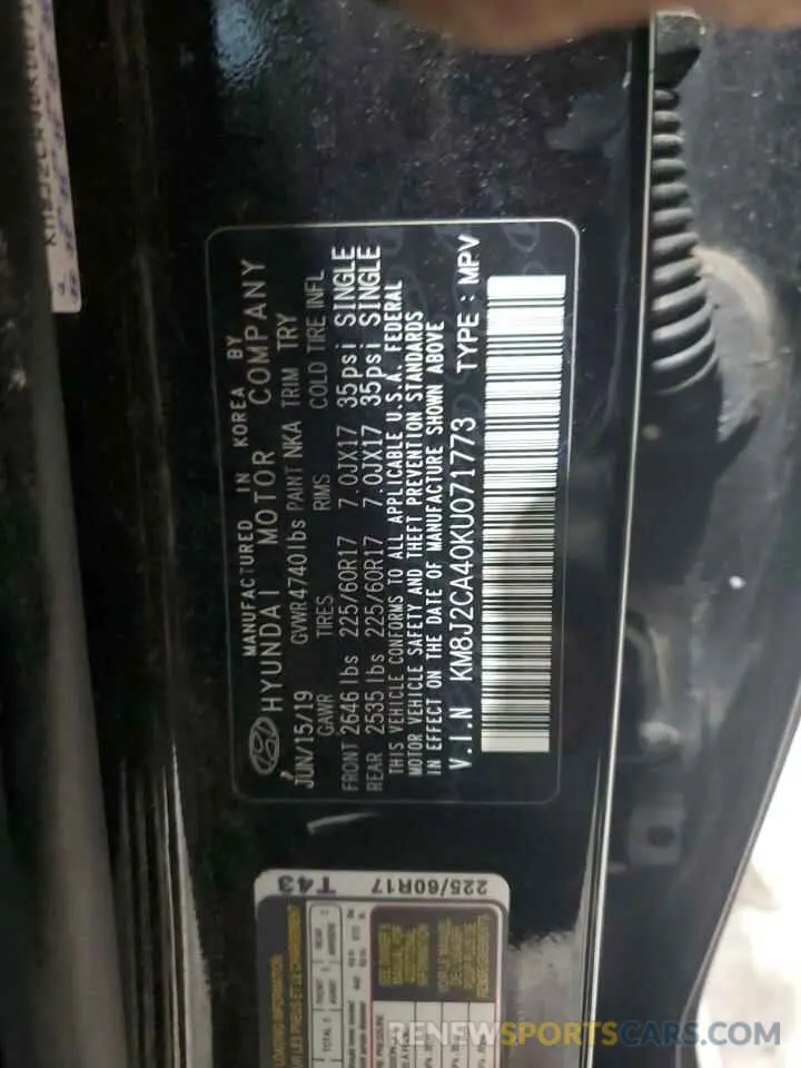 14 fotografías del automóvil dañado KM8J2CA40KU071773 HYUNDAI TUCSON 2019