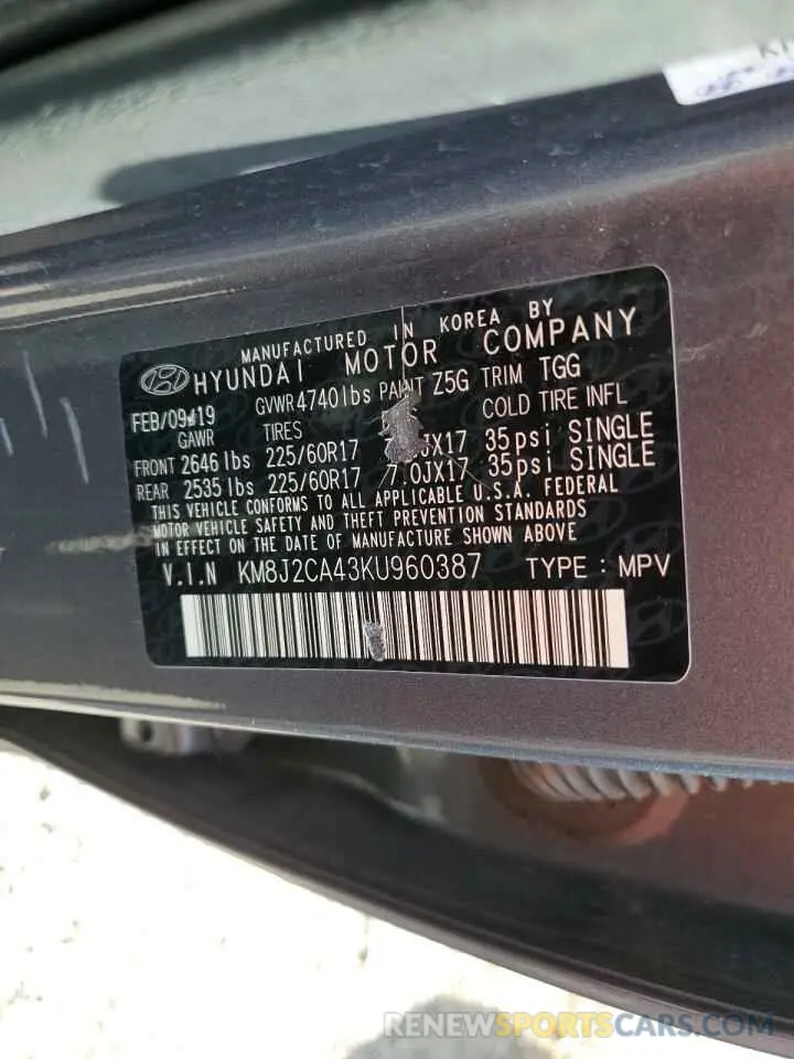 13 fotografías del automóvil dañado KM8J2CA43KU960387 HYUNDAI TUCSON 2019