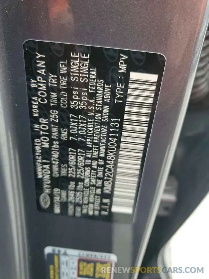 13 fotografías del automóvil dañado KM8J2CA48KU041131 HYUNDAI TUCSON 2019