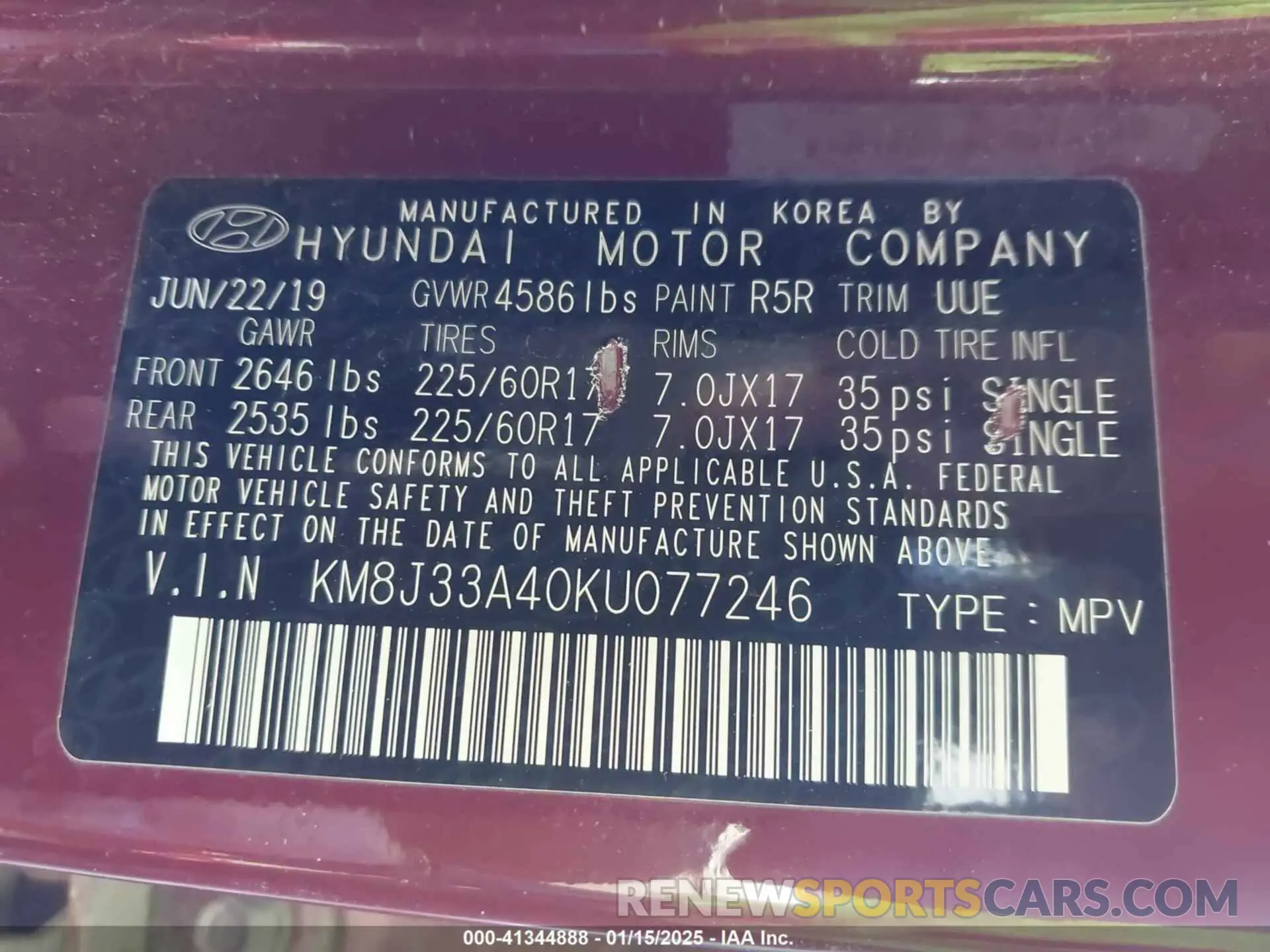 9 fotografías del automóvil dañado KM8J33A40KU077246 HYUNDAI TUCSON 2019