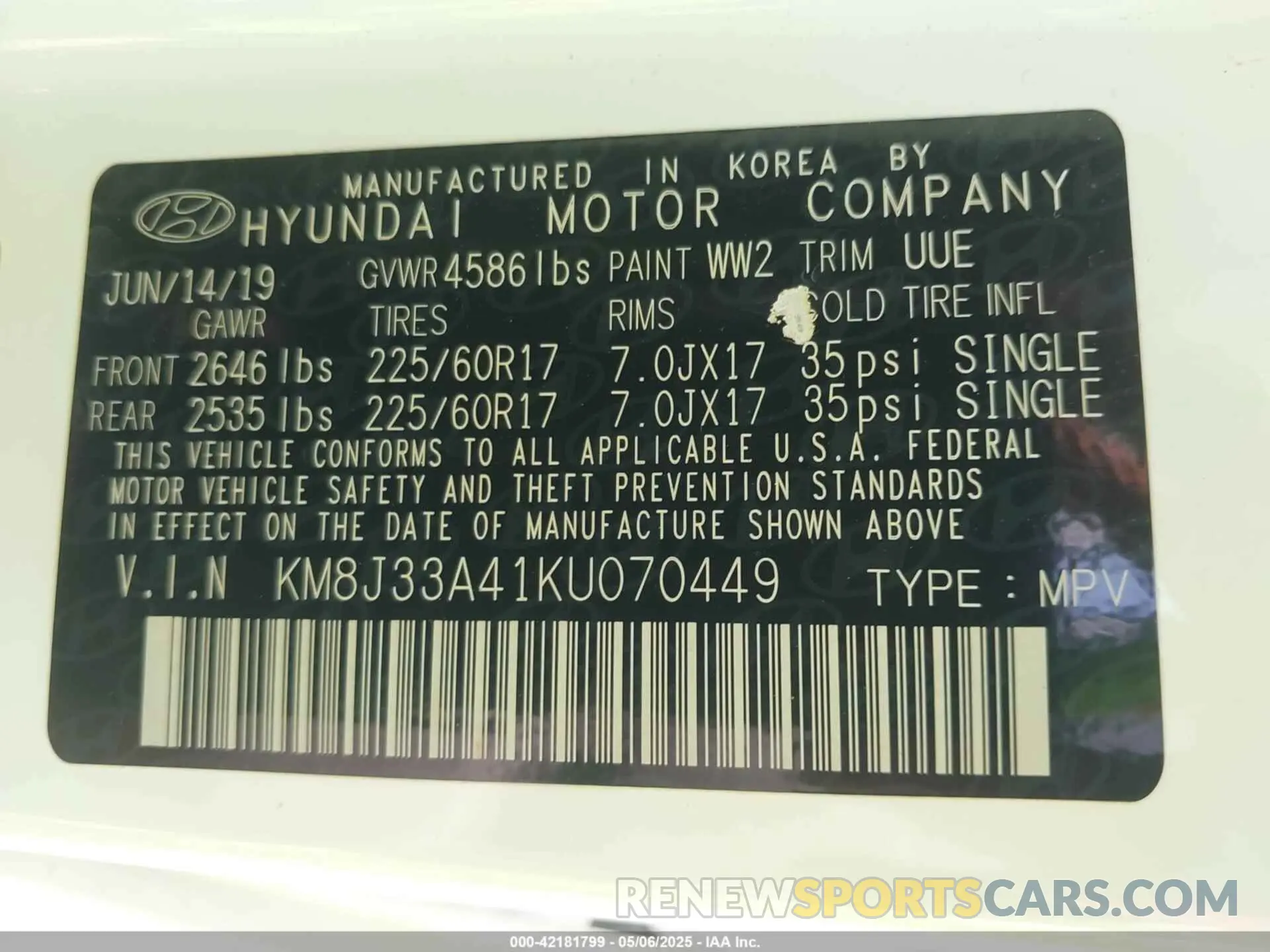9 fotografías del automóvil dañado KM8J33A41KU070449 HYUNDAI TUCSON 2019