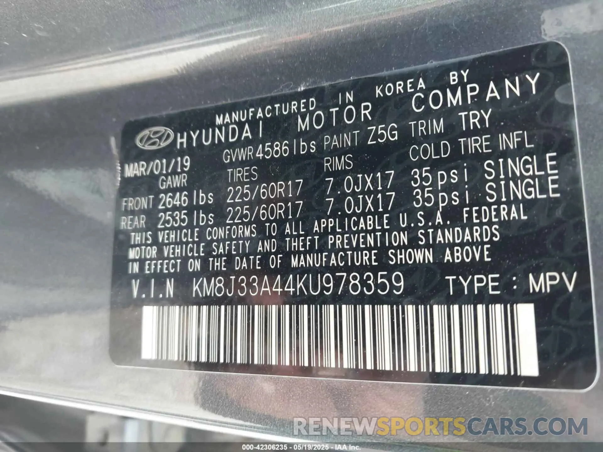 9 fotografías del automóvil dañado KM8J33A44KU978359 HYUNDAI TUCSON 2019