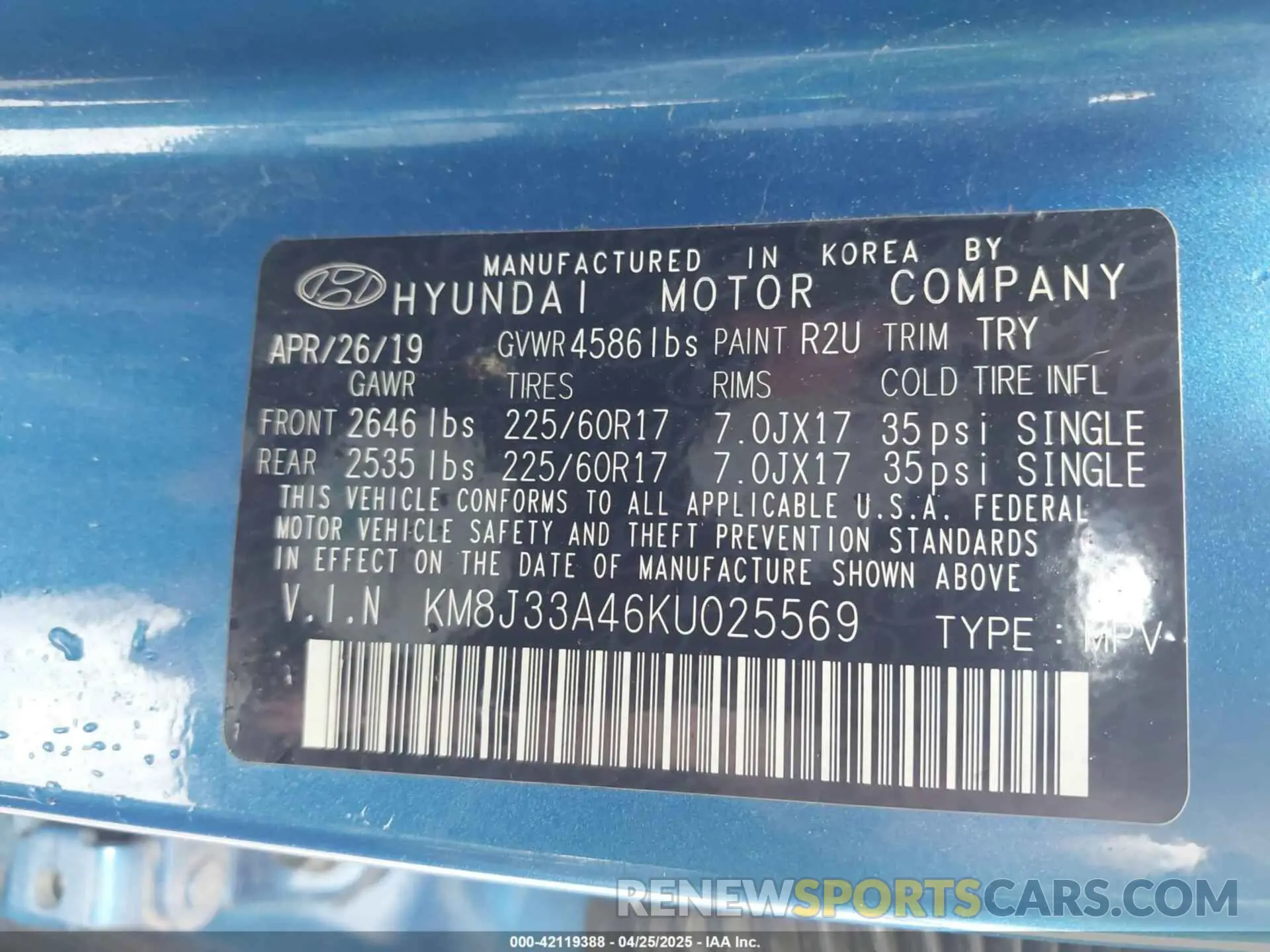 9 fotografías del automóvil dañado KM8J33A46KU025569 HYUNDAI TUCSON 2019