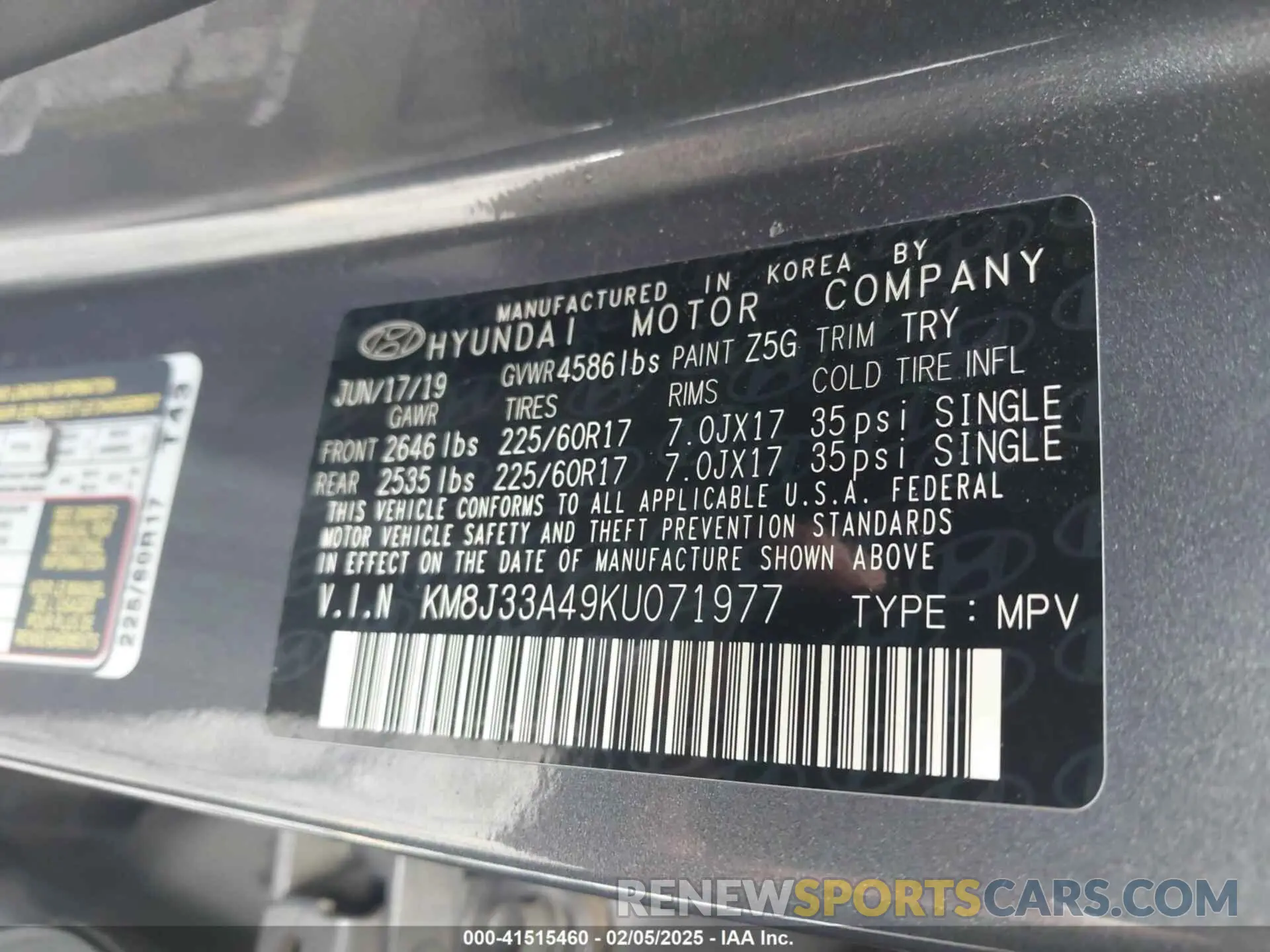 9 fotografías del automóvil dañado KM8J33A49KU071977 HYUNDAI TUCSON 2019