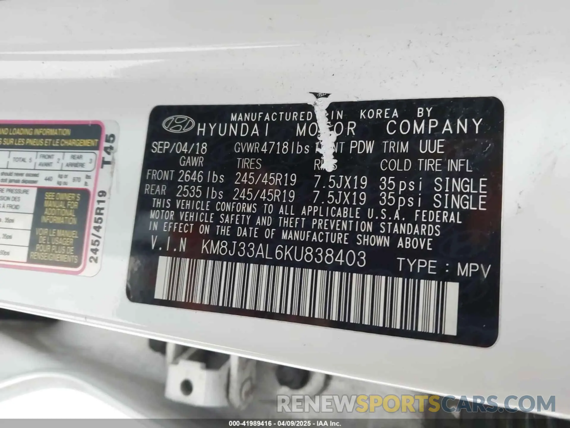 9 fotografías del automóvil dañado KM8J33AL6KU838403 HYUNDAI TUCSON 2019
