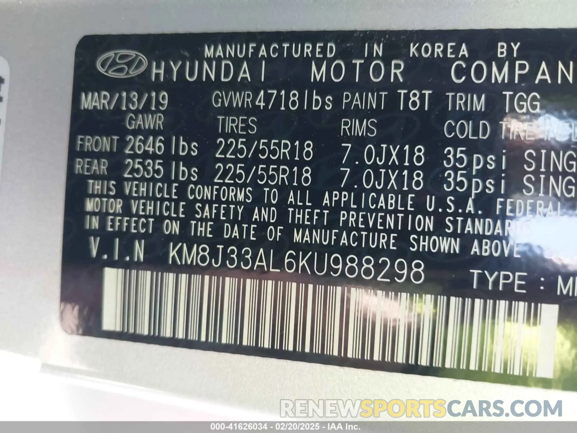 9 fotografías del automóvil dañado KM8J33AL6KU988298 HYUNDAI TUCSON 2019