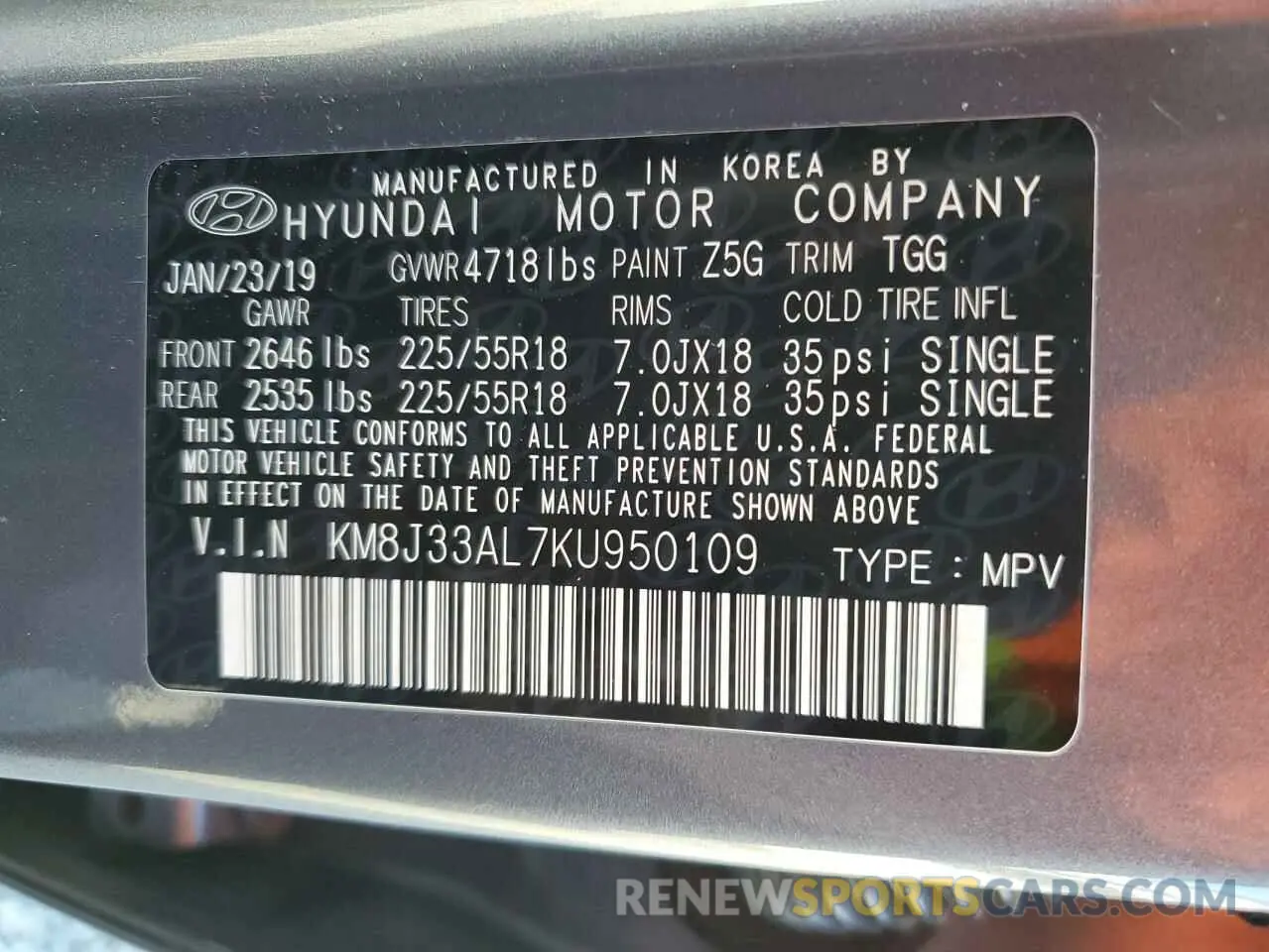 14 fotografías del automóvil dañado KM8J33AL7KU950109 HYUNDAI TUCSON 2019