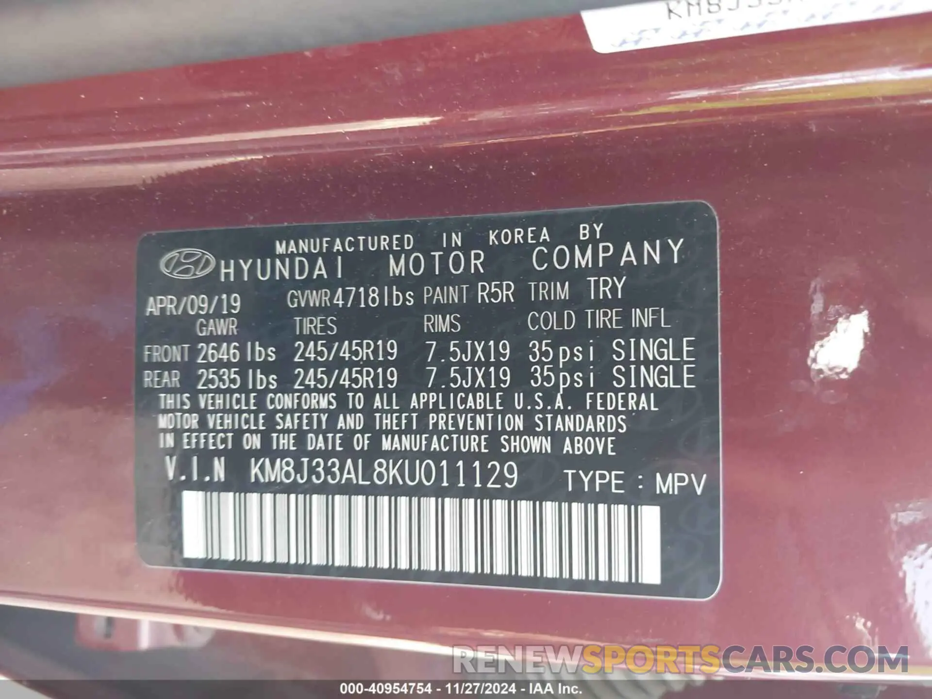 9 fotografías del automóvil dañado KM8J33AL8KU011129 HYUNDAI TUCSON 2019