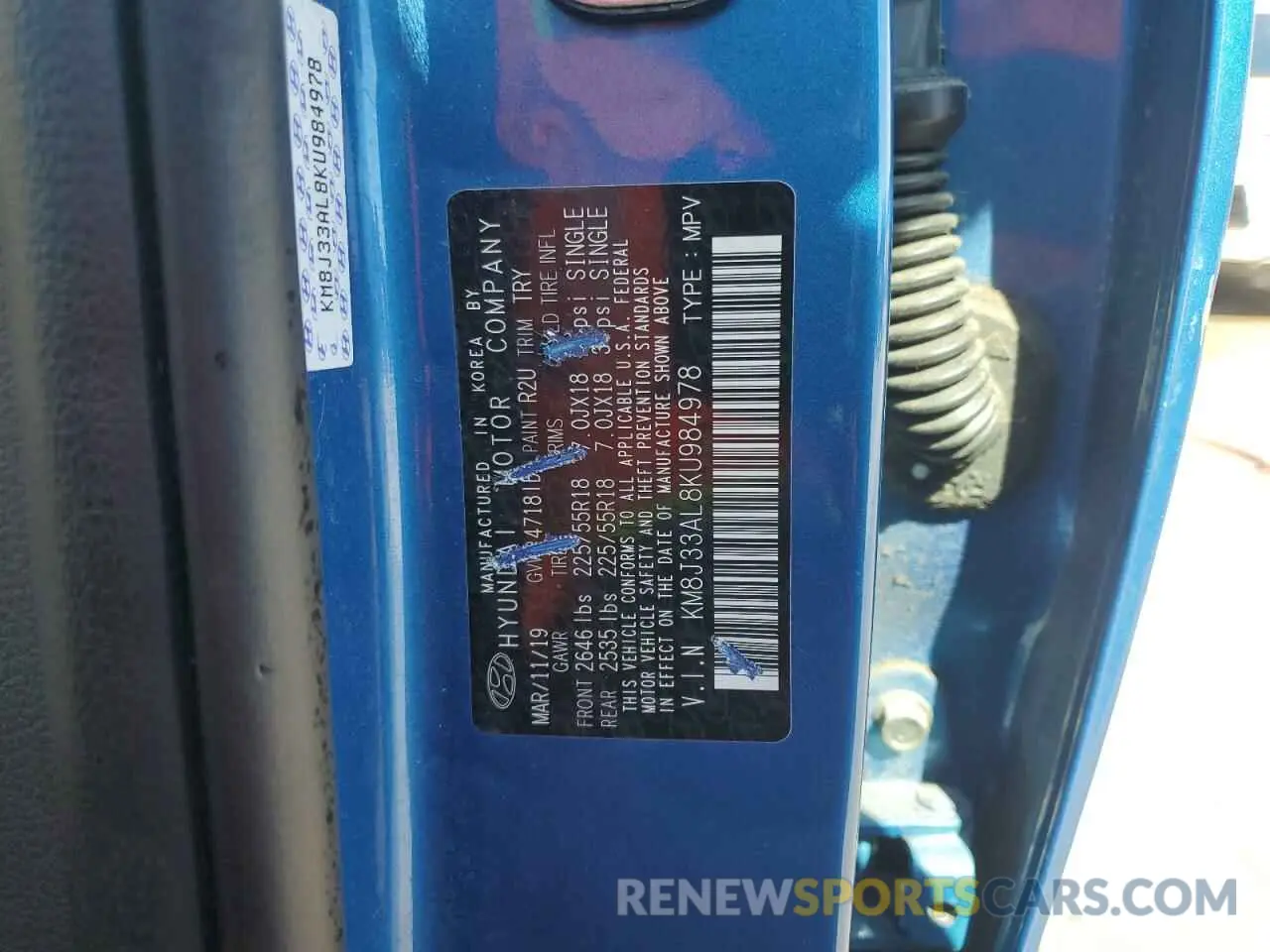 12 fotografías del automóvil dañado KM8J33AL8KU984978 HYUNDAI TUCSON 2019