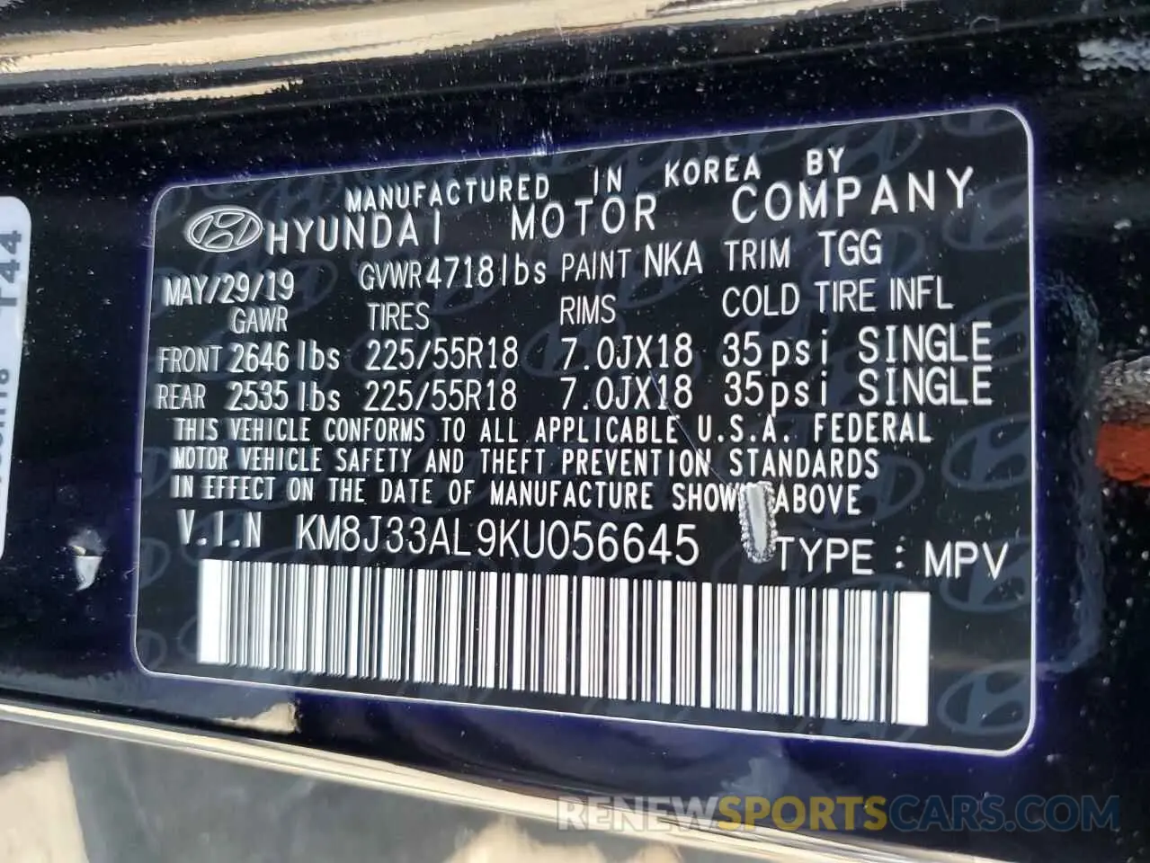 13 fotografías del automóvil dañado KM8J33AL9KU056645 HYUNDAI TUCSON 2019