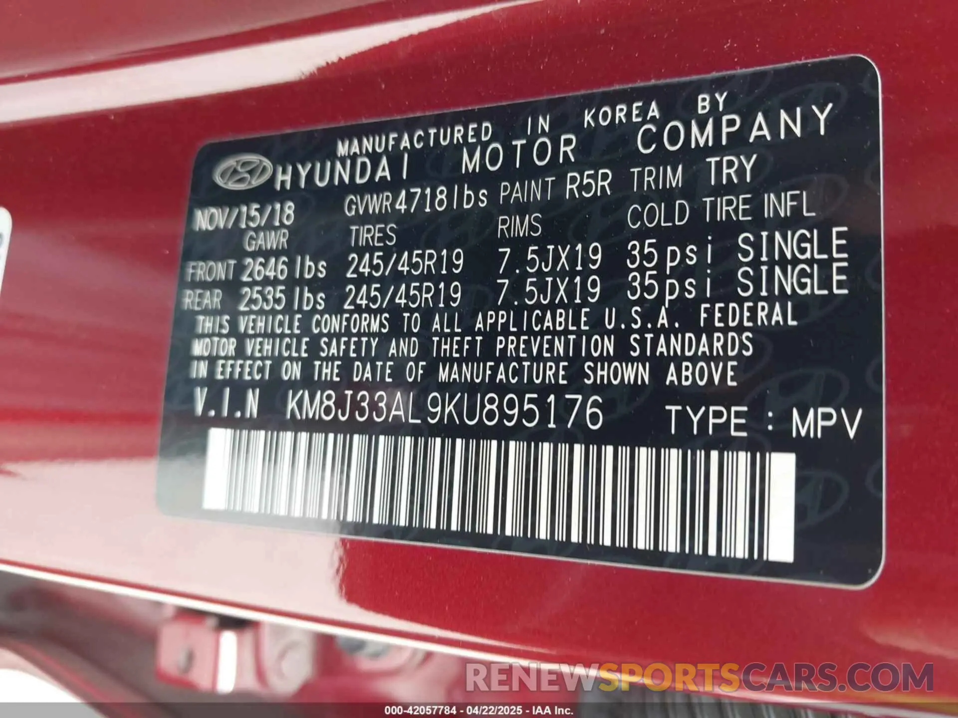 9 fotografías del automóvil dañado KM8J33AL9KU895176 HYUNDAI TUCSON 2019