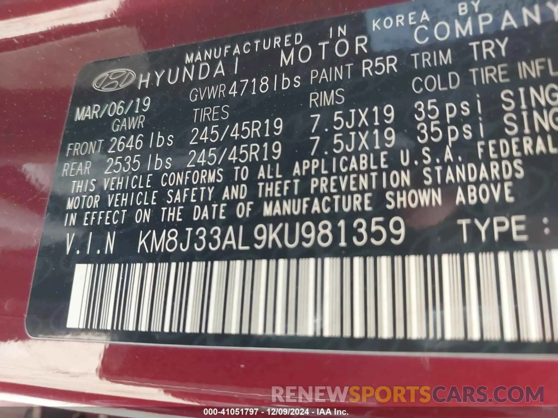 9 fotografías del automóvil dañado KM8J33AL9KU981359 HYUNDAI TUCSON 2019