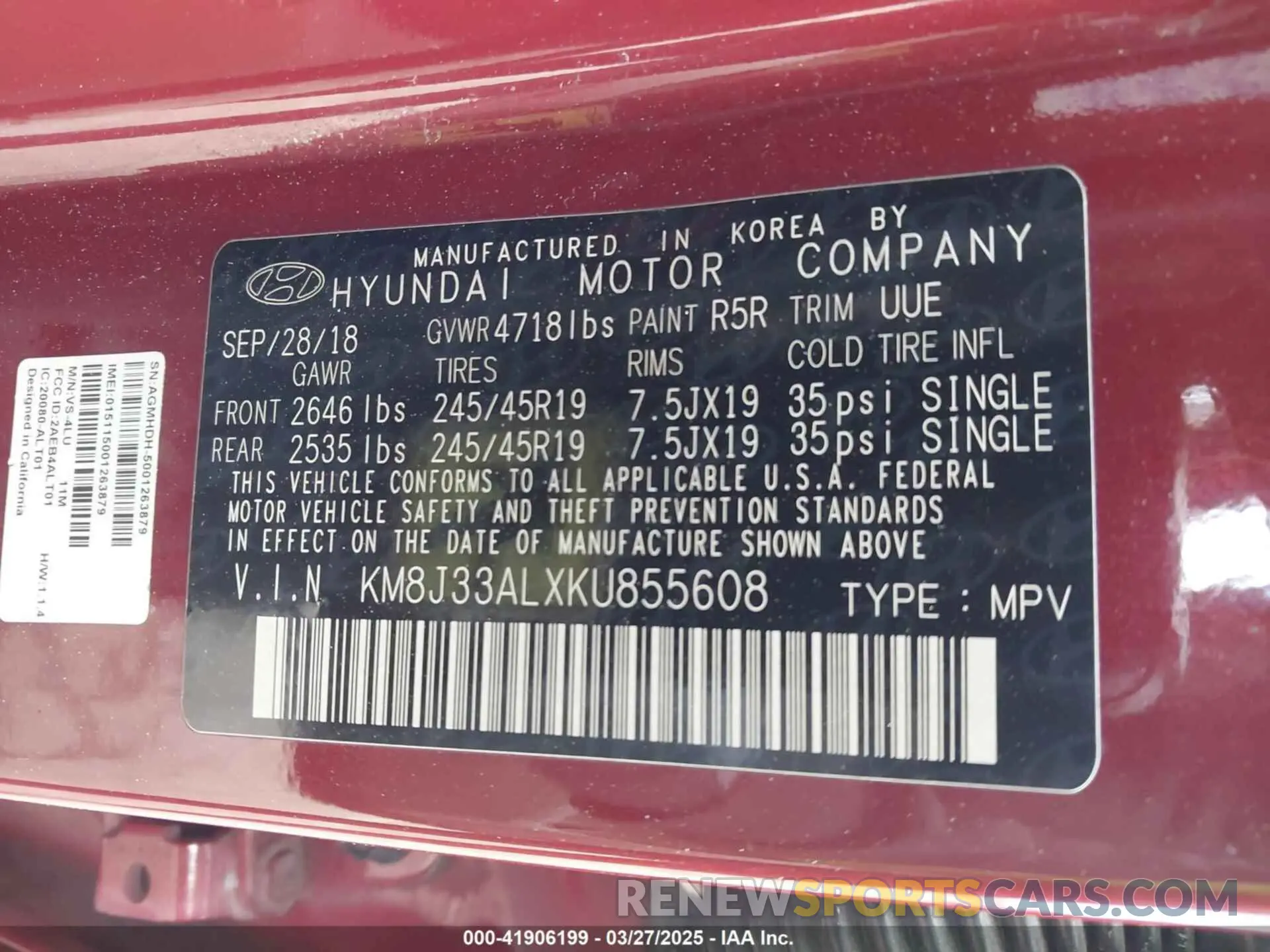 9 fotografías del automóvil dañado KM8J33ALXKU855608 HYUNDAI TUCSON 2019