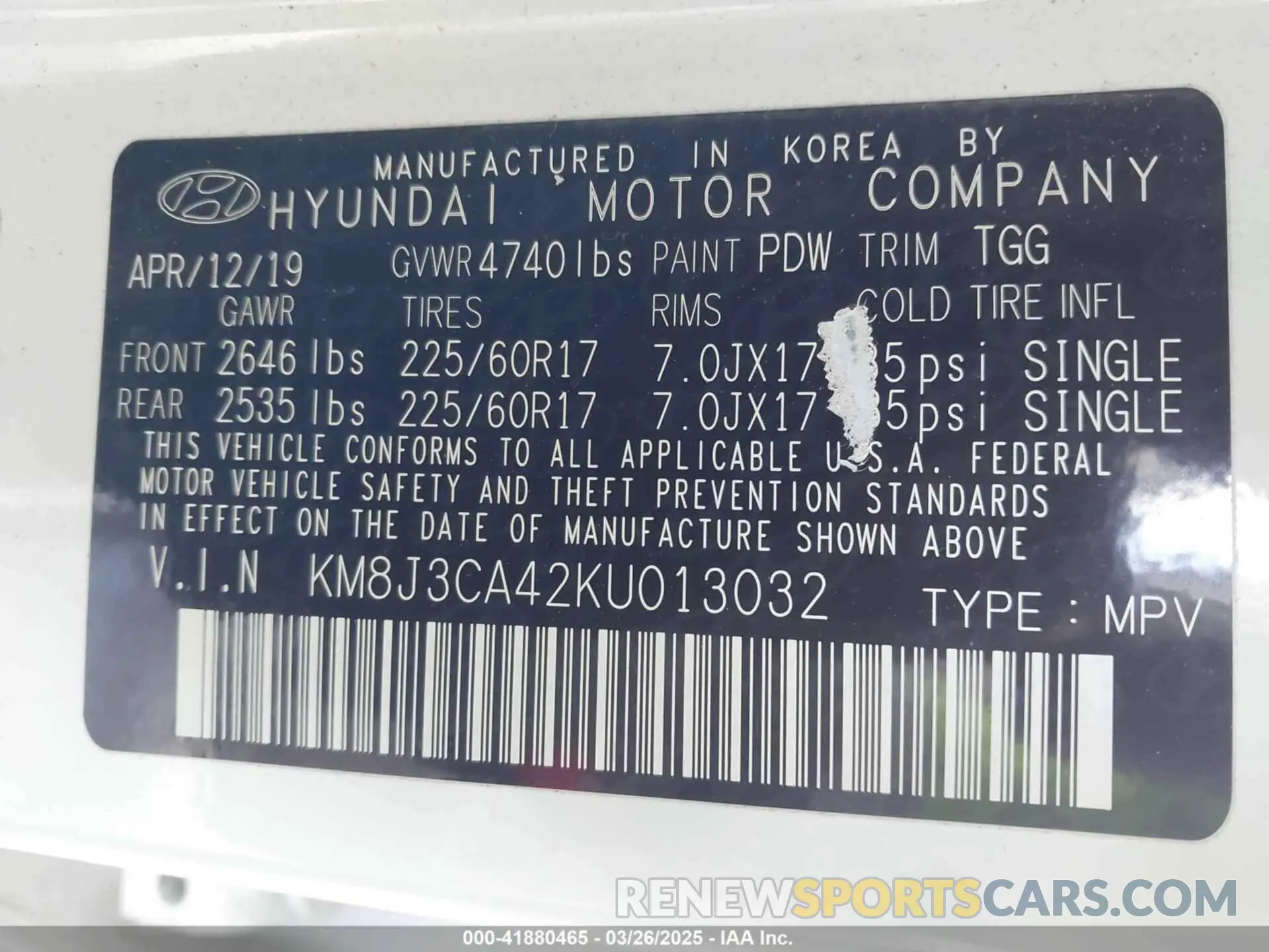 9 fotografías del automóvil dañado KM8J3CA42KU013032 HYUNDAI TUCSON 2019