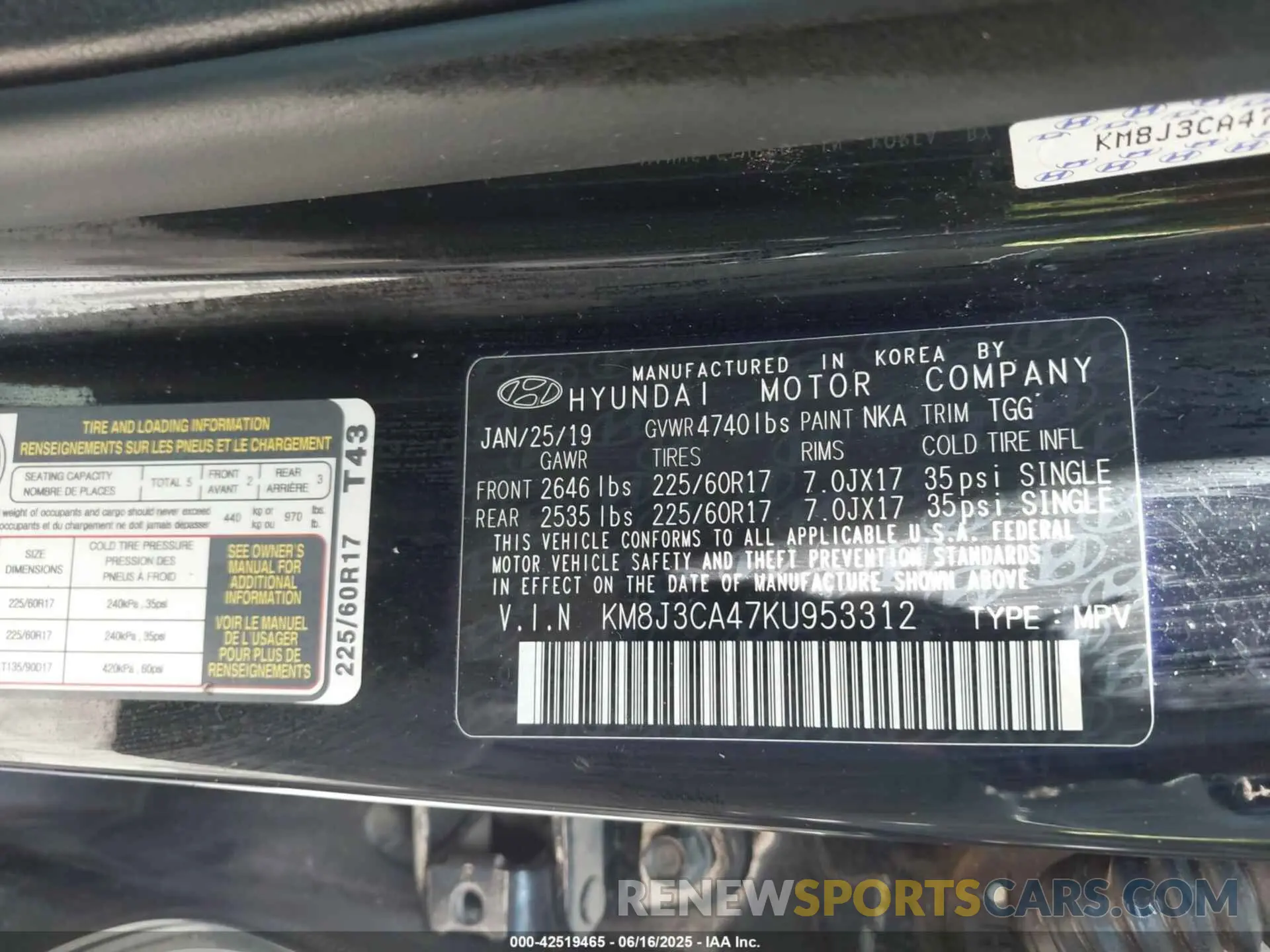 9 fotografías del automóvil dañado KM8J3CA47KU953312 HYUNDAI TUCSON 2019