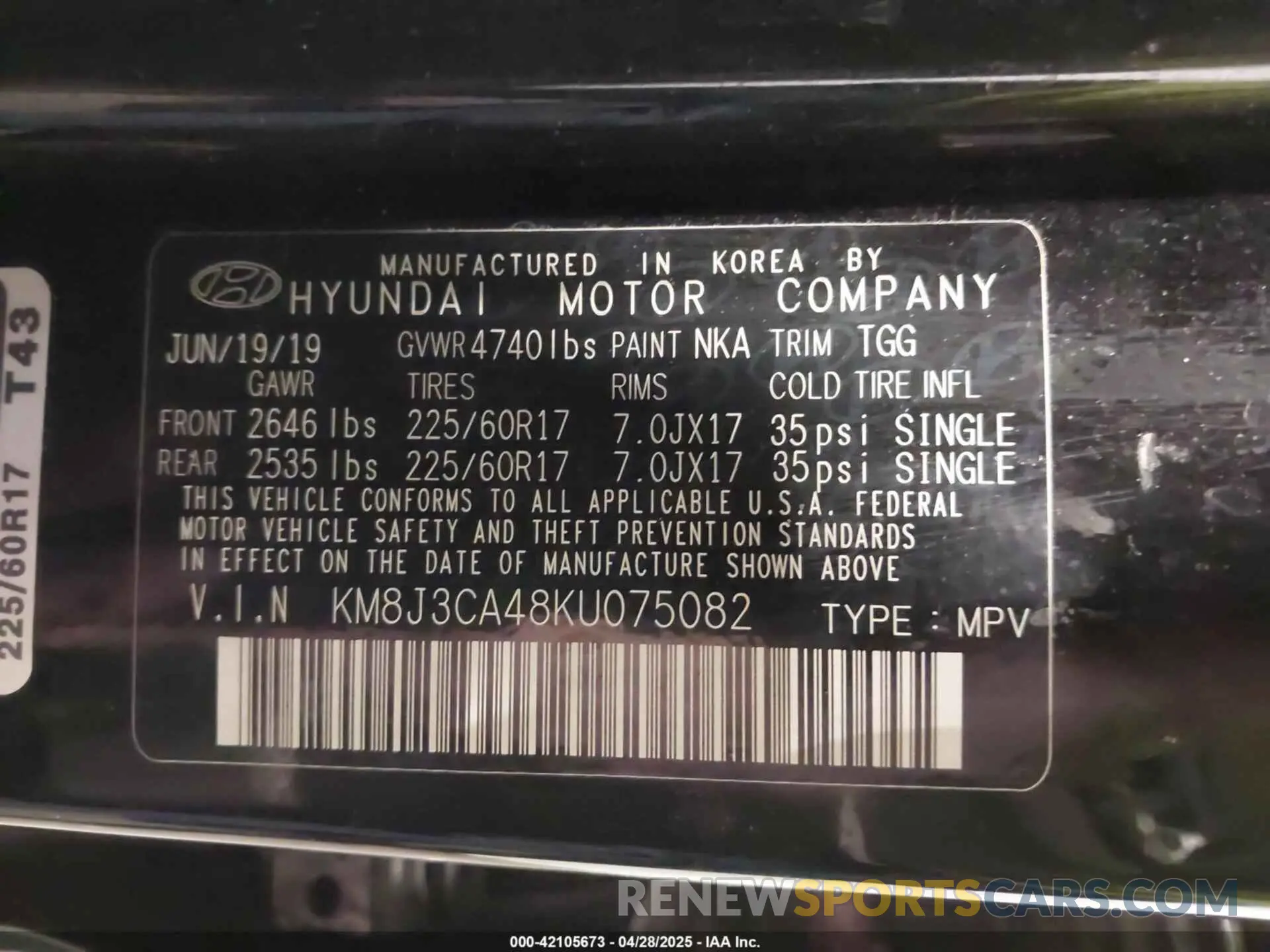 9 fotografías del automóvil dañado KM8J3CA48KU075082 HYUNDAI TUCSON 2019
