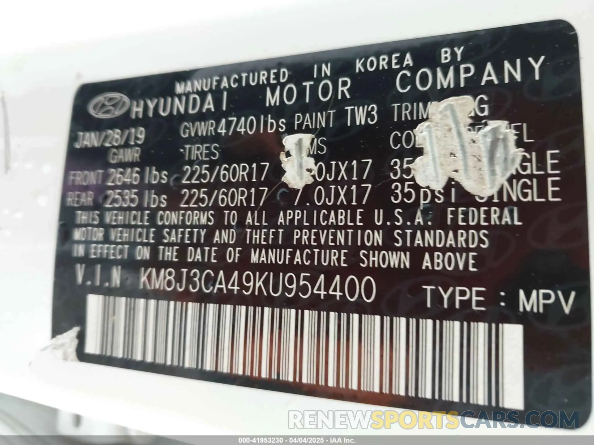 9 fotografías del automóvil dañado KM8J3CA49KU954400 HYUNDAI TUCSON 2019