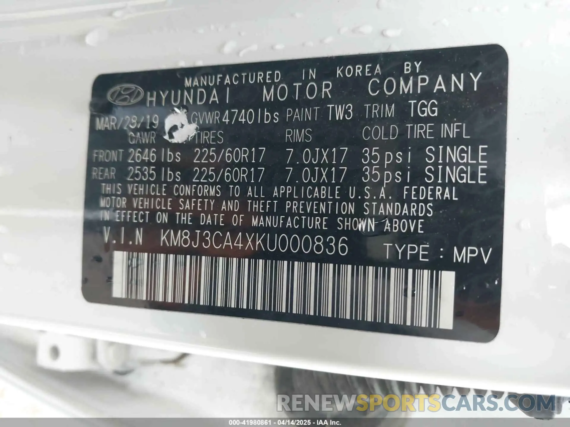 9 fotografías del automóvil dañado KM8J3CA4XKU000836 HYUNDAI TUCSON 2019
