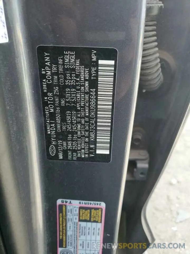 13 fotografías del automóvil dañado KM8J3CAL0KU986644 HYUNDAI TUCSON 2019