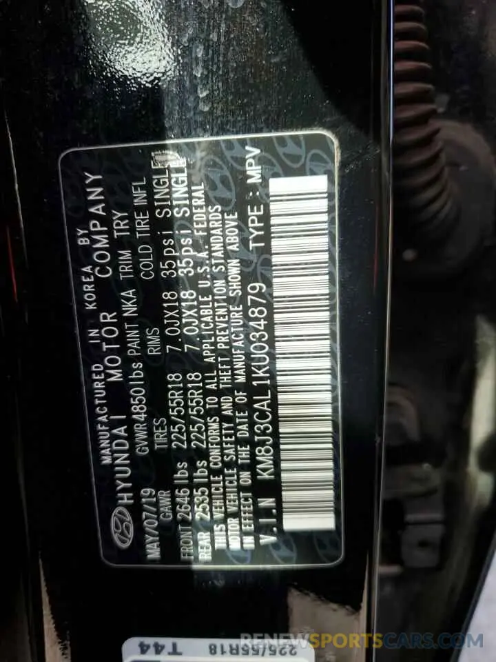 13 fotografías del automóvil dañado KM8J3CAL1KU034879 HYUNDAI TUCSON 2019