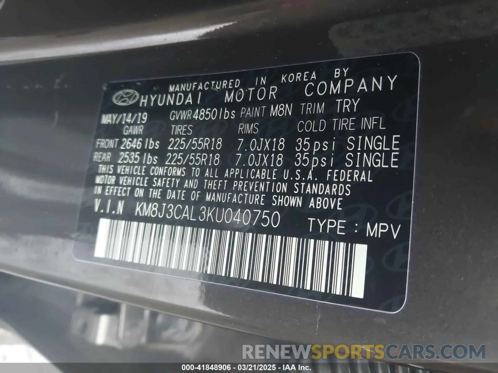 9 fotografías del automóvil dañado KM8J3CAL3KU040750 HYUNDAI TUCSON 2019