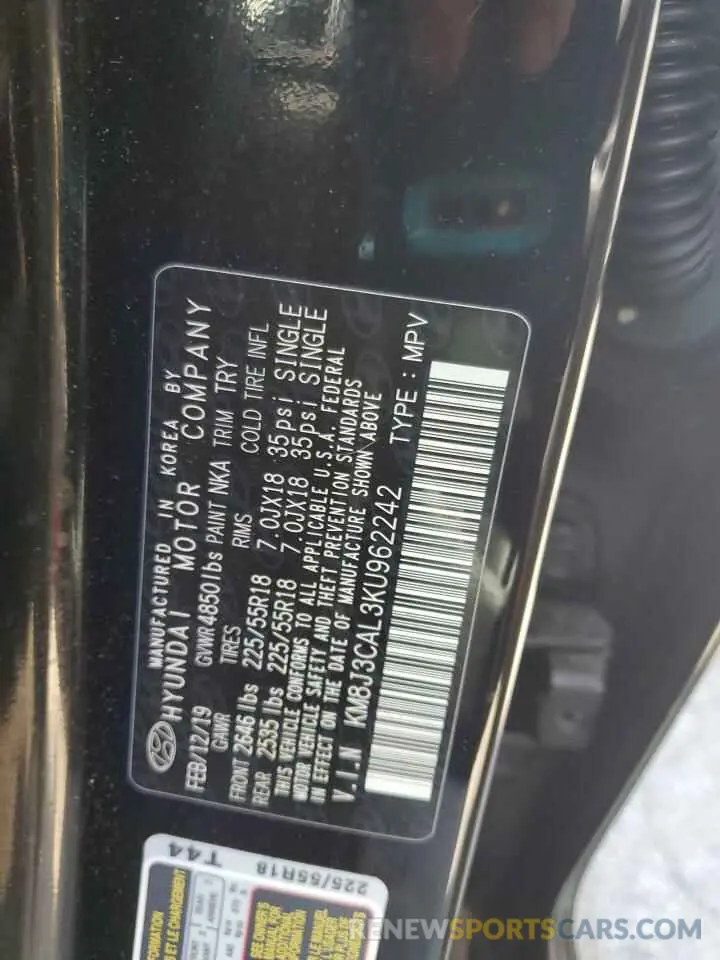 15 fotografías del automóvil dañado KM8J3CAL3KU962242 HYUNDAI TUCSON 2019