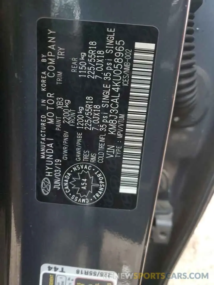 13 fotografías del automóvil dañado KM8J3CAL4KU058965 HYUNDAI TUCSON 2019
