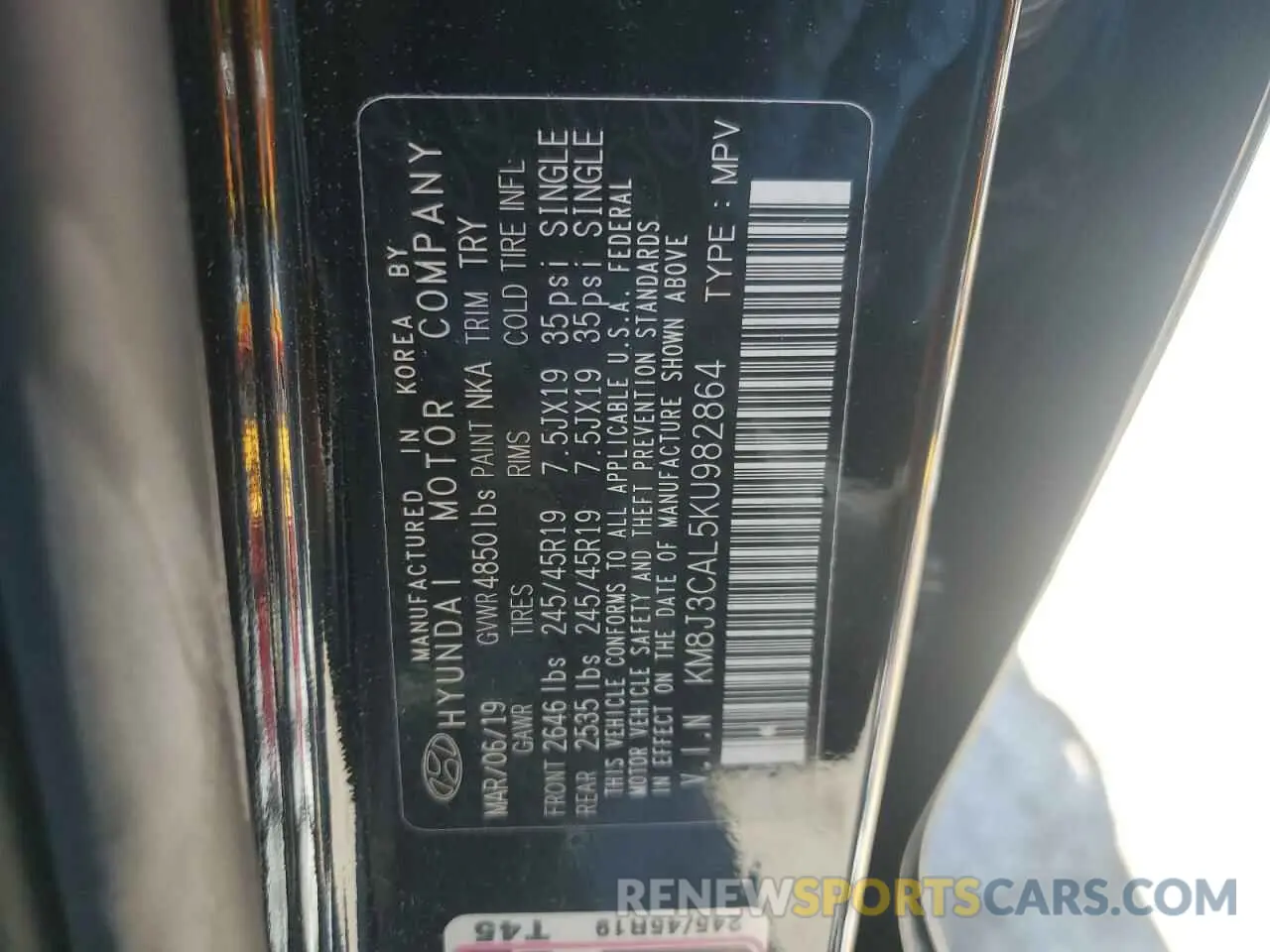 13 fotografías del automóvil dañado KM8J3CAL5KU982864 HYUNDAI TUCSON 2019
