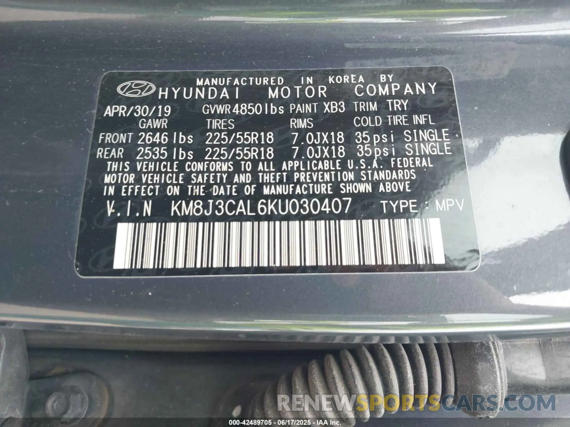 9 fotografías del automóvil dañado KM8J3CAL6KU030407 HYUNDAI TUCSON 2019