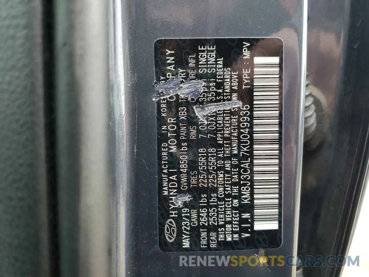 12 fotografías del automóvil dañado KM8J3CAL7KU049936 HYUNDAI TUCSON 2019