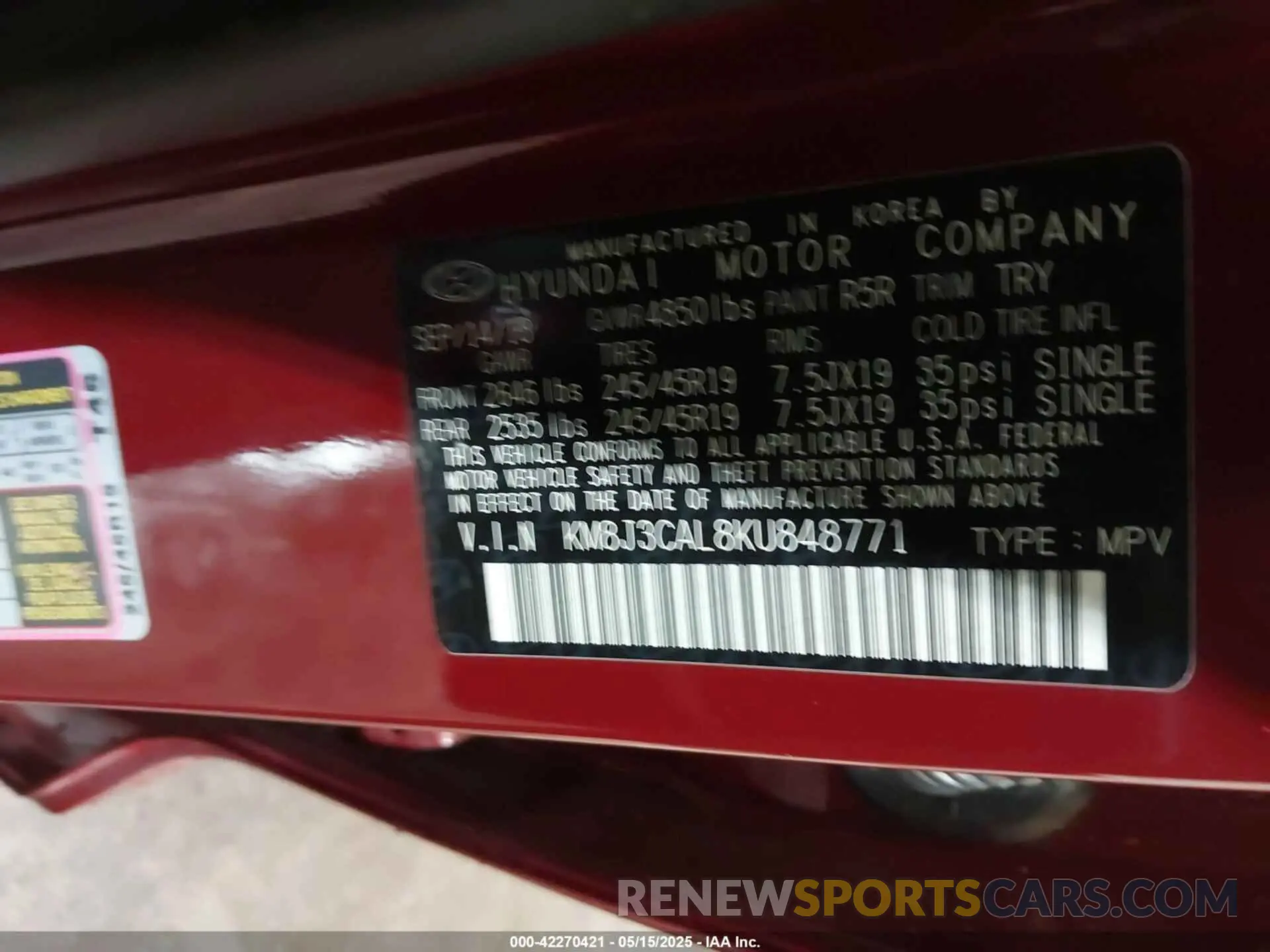 9 fotografías del automóvil dañado KM8J3CAL8KU848771 HYUNDAI TUCSON 2019