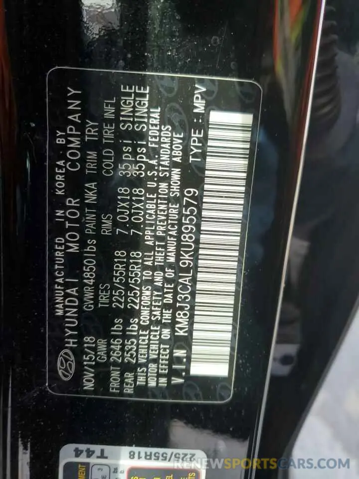 13 fotografías del automóvil dañado KM8J3CAL9KU895579 HYUNDAI TUCSON 2019