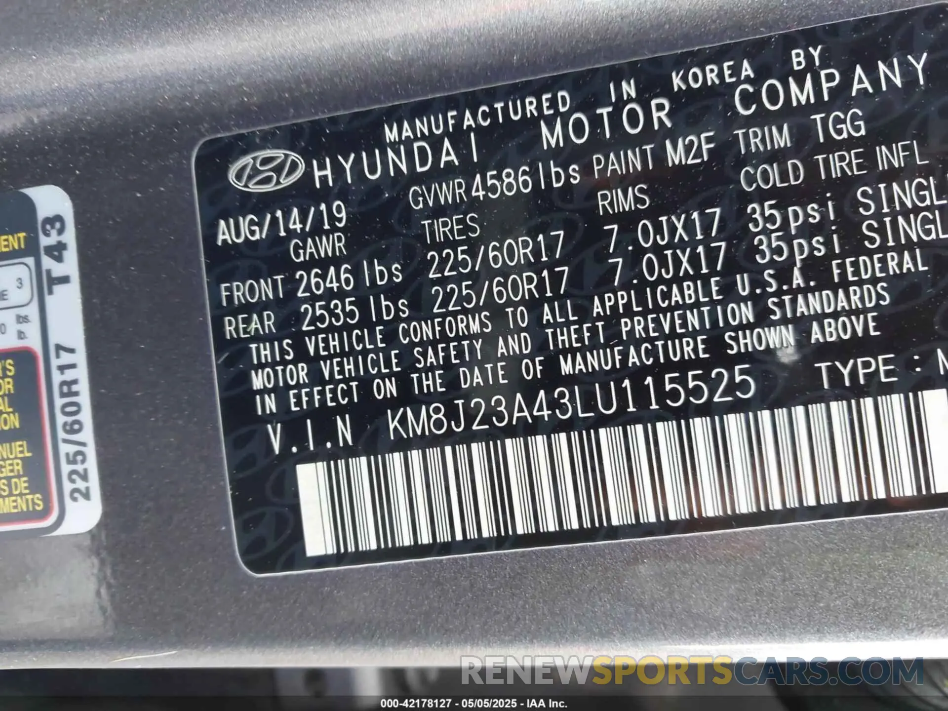 9 fotografías del automóvil dañado KM8J23A43LU115525 HYUNDAI TUCSON 2020