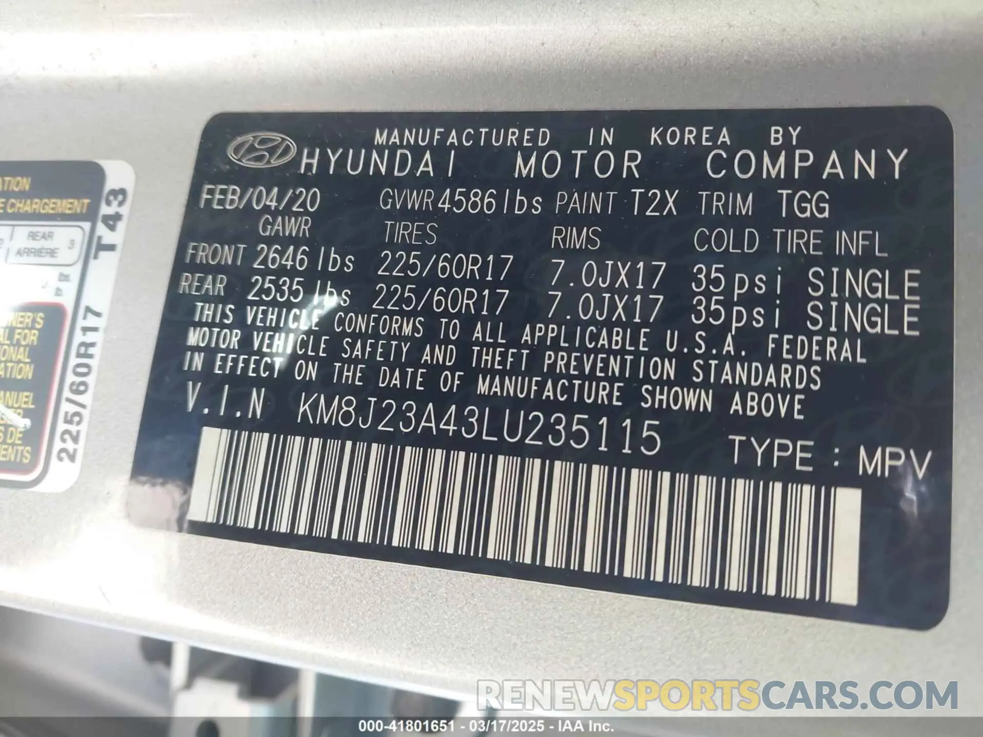 9 fotografías del automóvil dañado KM8J23A43LU235115 HYUNDAI TUCSON 2020