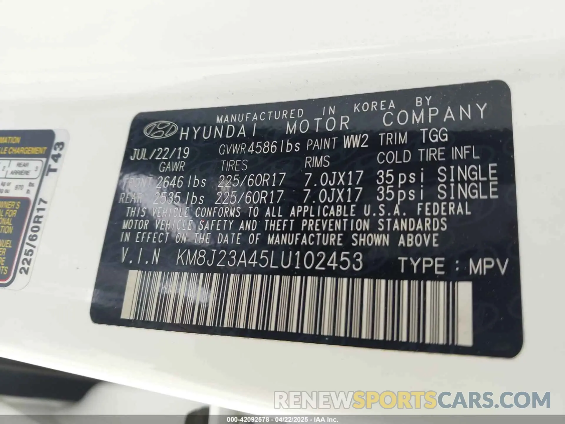 9 fotografías del automóvil dañado KM8J23A45LU102453 HYUNDAI TUCSON 2020