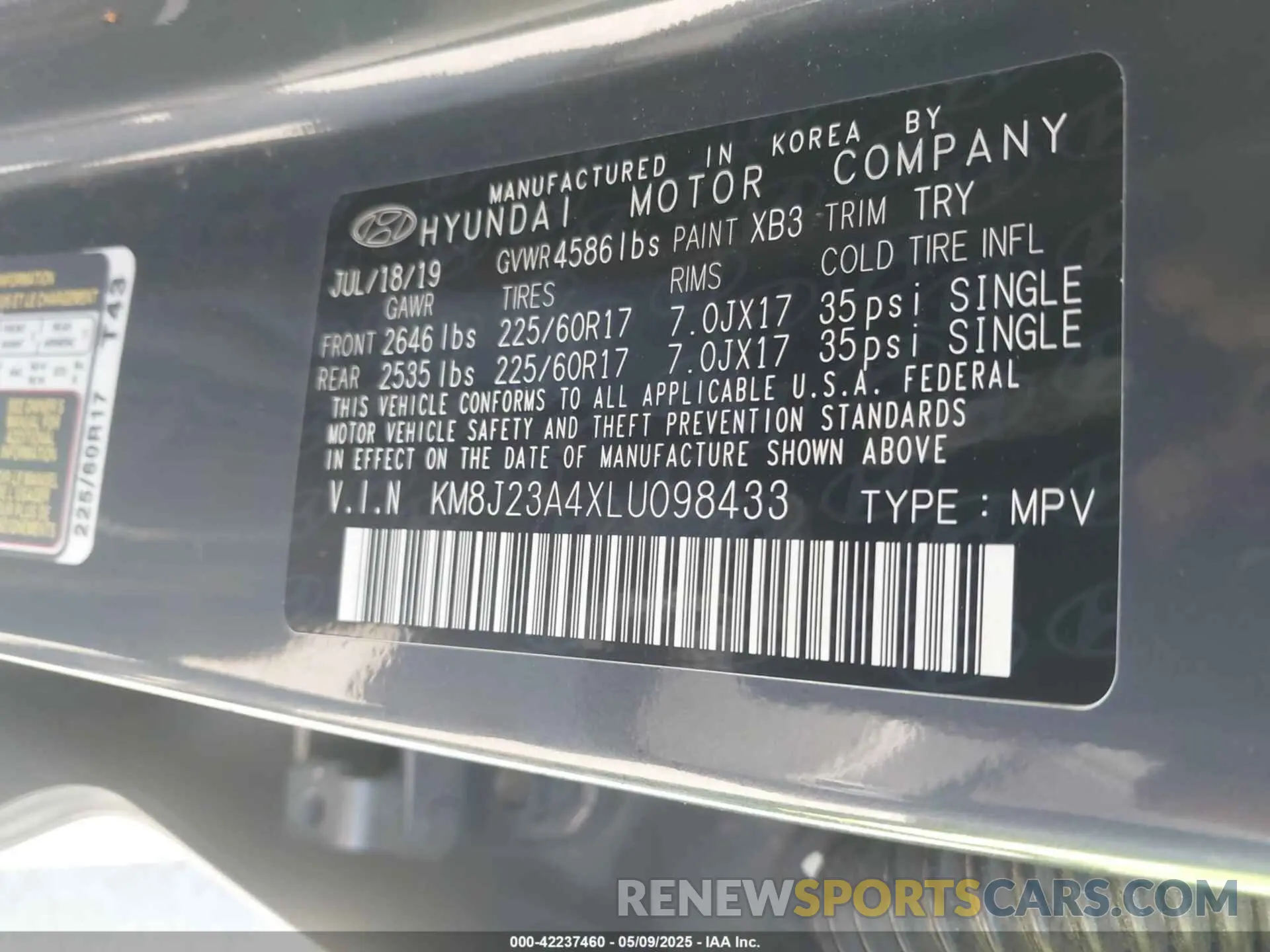 9 fotografías del automóvil dañado KM8J23A4XLU098433 HYUNDAI TUCSON 2020