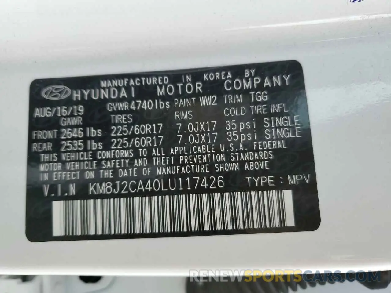 14 fotografías del automóvil dañado KM8J2CA40LU117426 HYUNDAI TUCSON 2020