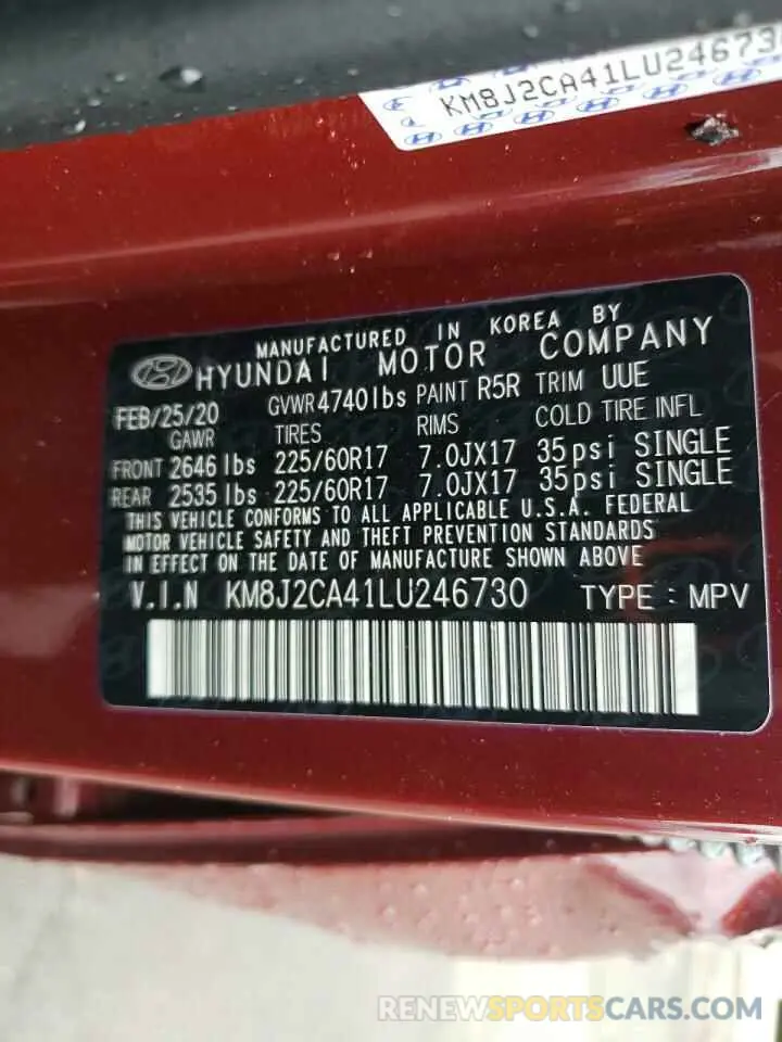 15 fotografías del automóvil dañado KM8J2CA41LU246730 HYUNDAI TUCSON 2020