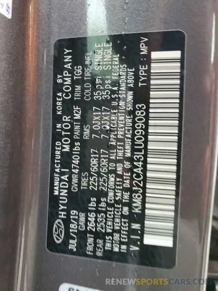 14 fotografías del automóvil dañado KM8J2CA43LU099083 HYUNDAI TUCSON 2020