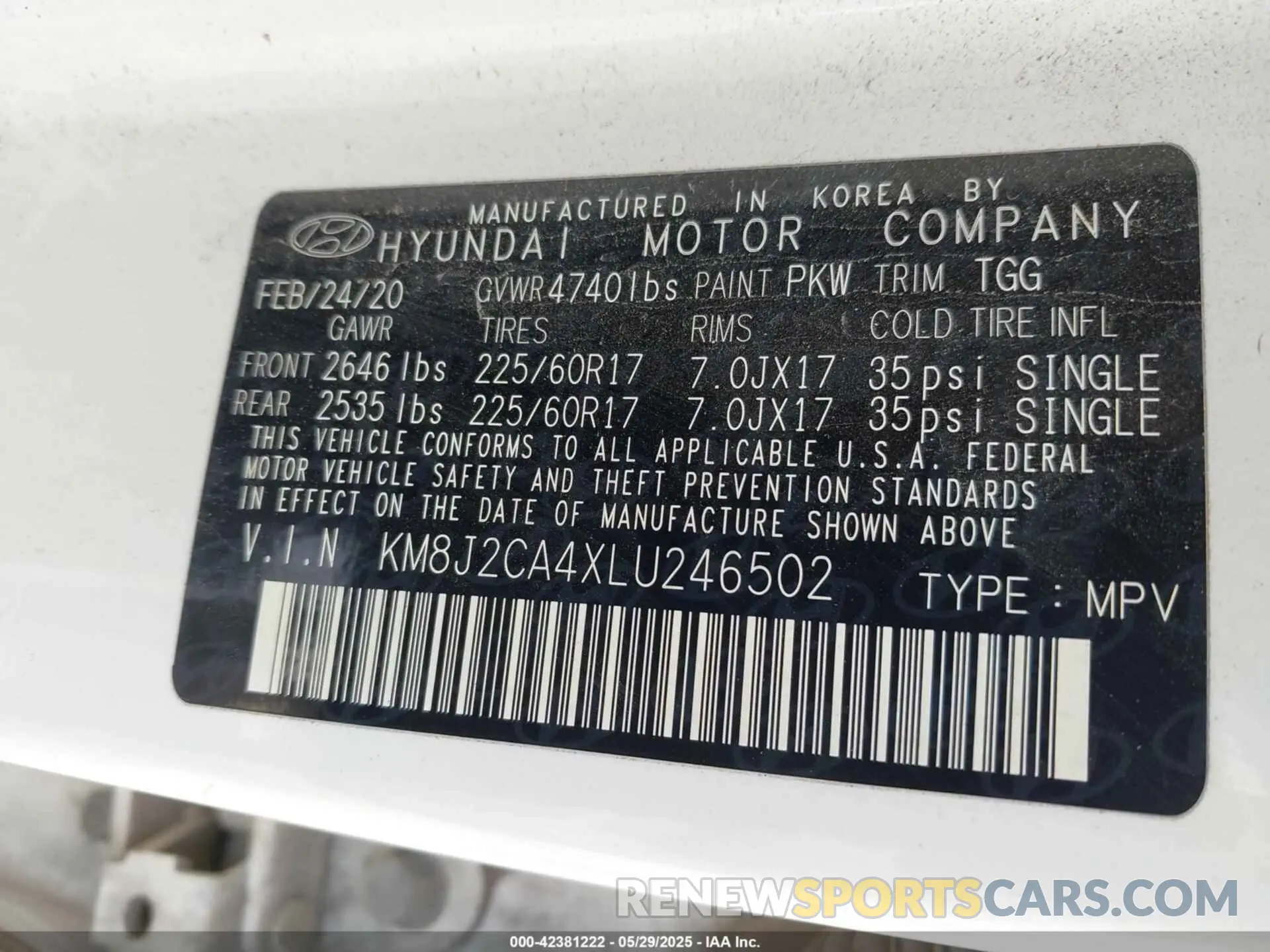 9 fotografías del automóvil dañado KM8J2CA4XLU246502 HYUNDAI TUCSON 2020