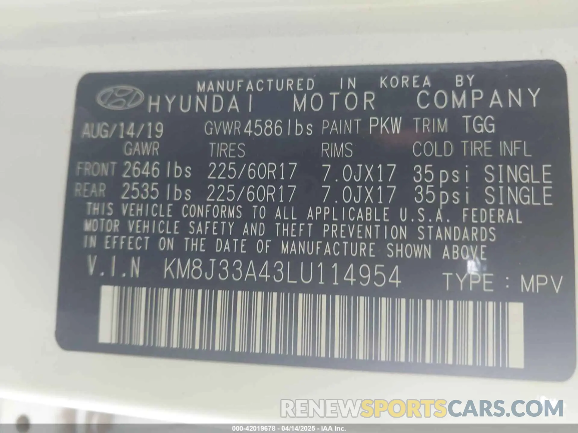 9 fotografías del automóvil dañado KM8J33A43LU114954 HYUNDAI TUCSON 2020