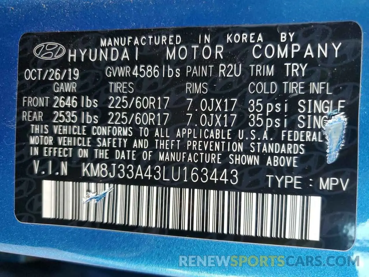 12 fotografías del automóvil dañado KM8J33A43LU163443 HYUNDAI TUCSON 2020