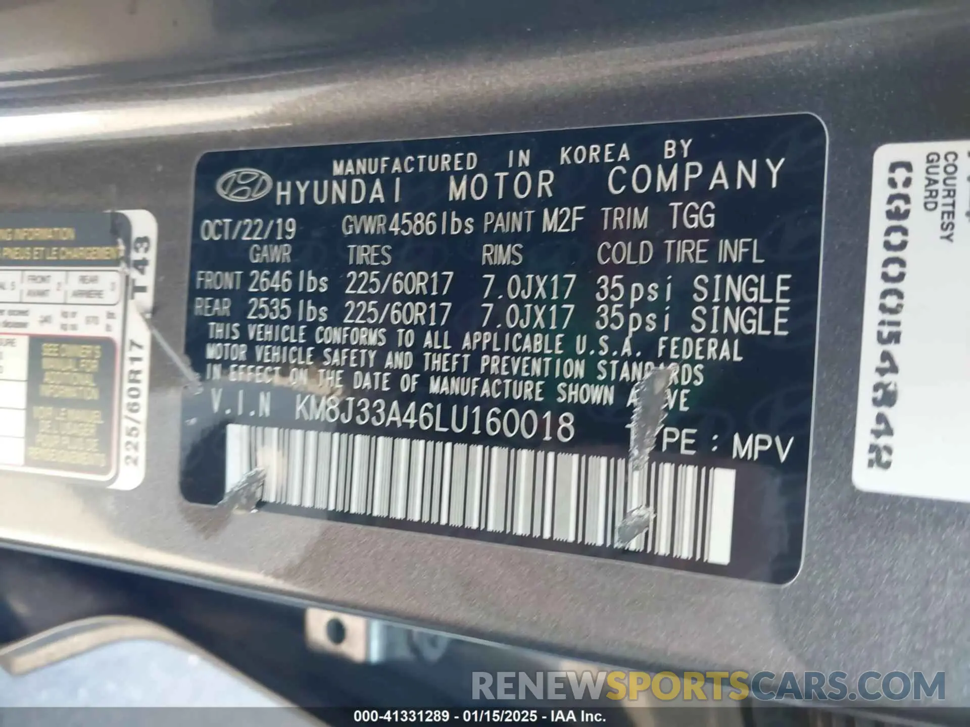9 fotografías del automóvil dañado KM8J33A46LU160018 HYUNDAI TUCSON 2020