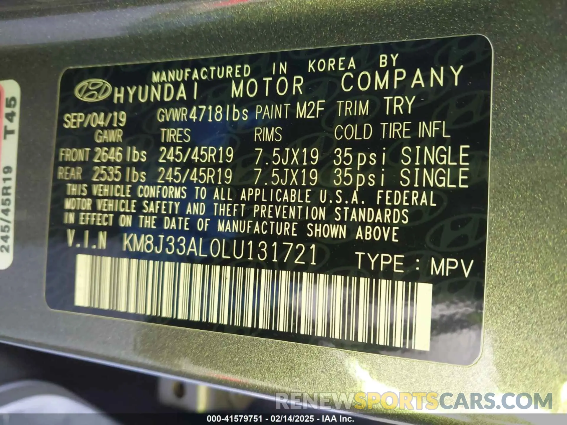 9 fotografías del automóvil dañado KM8J33AL0LU131721 HYUNDAI TUCSON 2020
